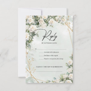 Engelse witte rozen eucalyptus groen en goud RSVP kaartje