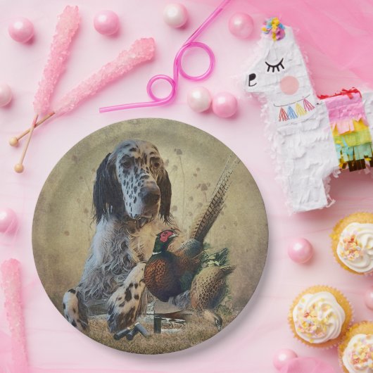 Engelse zetter met fazanten, kunst papieren bordje (Feest)