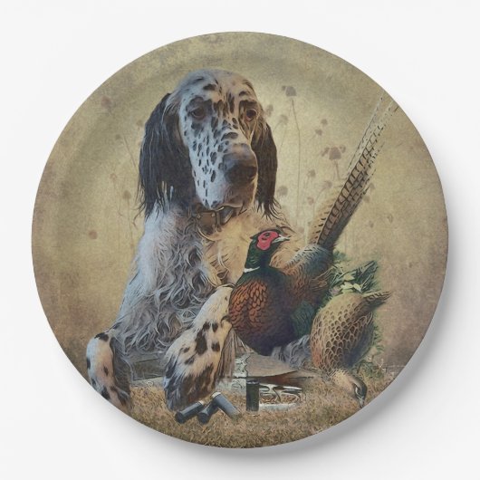 Engelse zetter met fazanten, kunst papieren bordje (Voorkant)