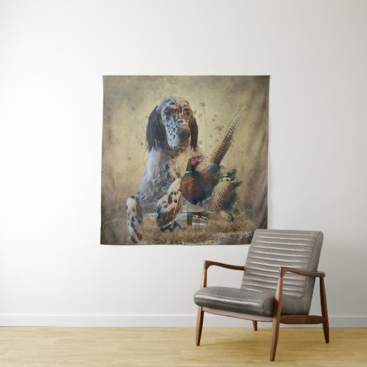 Engelse zetter met fazanten, kunst wandkleed (In situ)