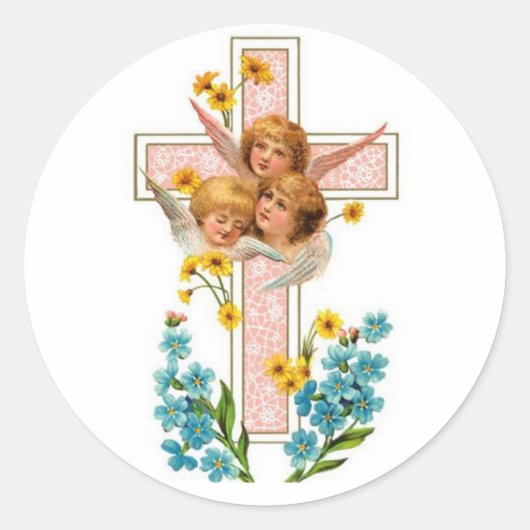  Engelsen met roze kruis Ronde Sticker (Voorkant)