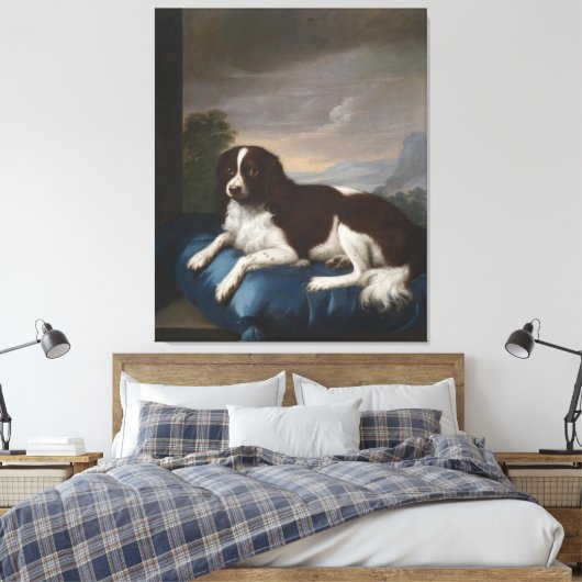 Engelstalig Springer-spaniel op een kussen Canvas Afdruk (Insitu (Slaapkamer))