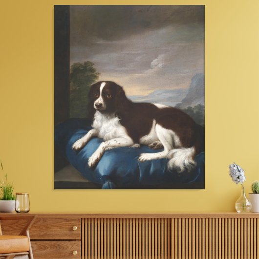 Engelstalig Springer-spaniel op een kussen Canvas Afdruk (Insitu (Woonkamer))