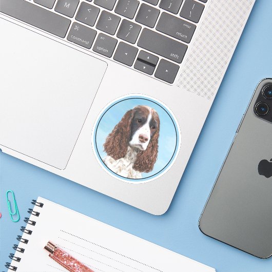 Engelstalige spaniel-schilderkunst sticker (Laptop met iPhone)