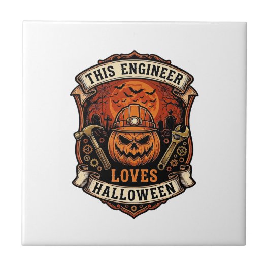 Engineer Loves Halloween Pompoen Harde Hoed Hamer Tegeltje (Voorkant)