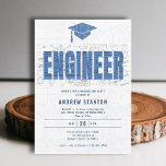 Engineering Afstuderen Engineer Pet White Party Kaart<br><div class="desc">Een achtergrond van technische design, met hetzelfde technisch ontwerp papiereffect over de vetgedrukte letters die het woord ENGINEER in het blauw spellen, evenals een afstudeerdop met hetzelfde ontwerp- en grafiekpapierontwerp-effect, decoreren deze moderne, elegante en stijlvolle afstudeerfeest of een feestelijke uitnodiging voor een pas geslagen technicus. Het generieke ontwerp past bij...</div>