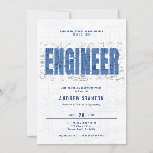 Engineering Afstuderen Engineer White Draft Party Kaart (Voorkant)