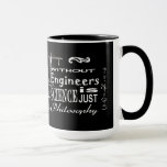 Engineers vs. Science Philosophy Motto Mok<br><div class="desc">Deze mok is geweldig voor elke soort ingenieur op zijn bureau, thuis, enz. Het motto staat in een ontwerplettertype "Zonder ingenieurs, is wetenschap gewoon filosofie." Rond deze mok zijn engineeringachtige graphics voor elk type gebied, zoals elektronica, ontwerpen, computers, constructie, enzovoort. Ik heb zelfs een raket op dit vlak gezet voor...</div>