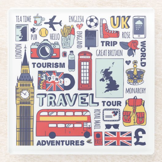 England Travel Doodles Glazen Onderzetter (Voorkant)