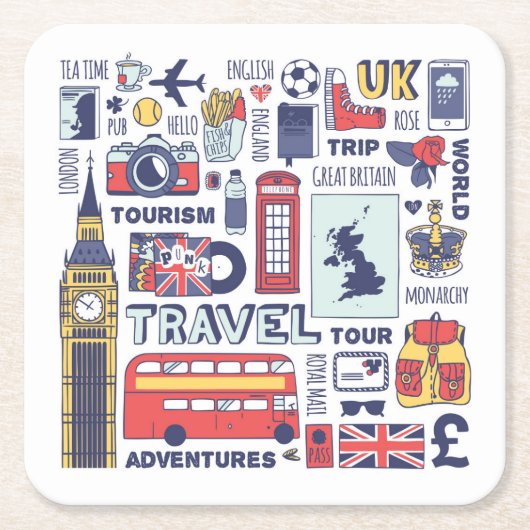 England Travel Doodles Kartonnen Onderzetters (Voorkant)