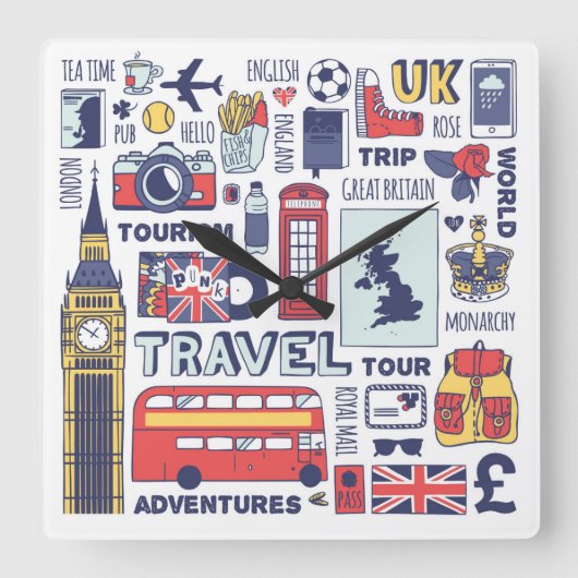 England Travel Doodles Vierkante Klok (Voorkant)