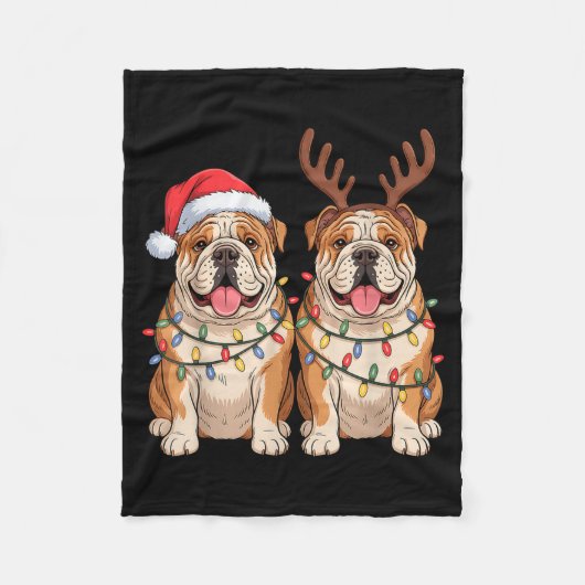 English Bulldog Christmas Santa Hat Reindeer Light Fleece Deken (Voorkant)