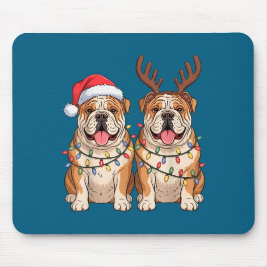 English Bulldog Christmas Santa Hat Reindeer Light Muismat (Voorkant)