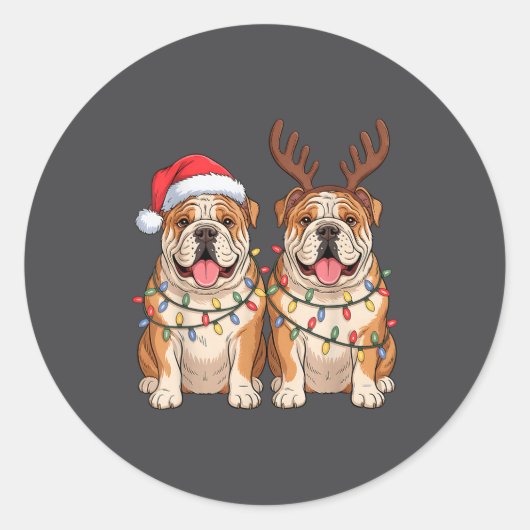 English Bulldog Christmas Santa Hat Reindeer Light Ronde Sticker (Voorkant)