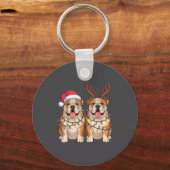 English Bulldog Christmas Santa Hat Reindeer Light Sleutelhanger (Voorkant)