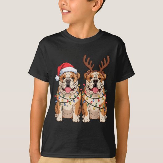 English Bulldog Christmas Santa Hat Reindeer Light T-shirt (Voorkant)