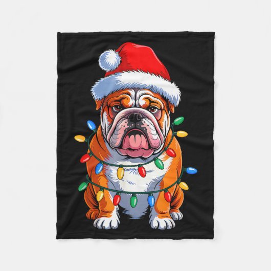 English Bulldog Dog Christmas Lights Santa Hat Xma Fleece Deken (Voorkant)