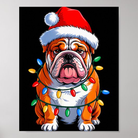 English Bulldog Dog Christmas Lights Santa Hat Xma Poster (Voorkant)