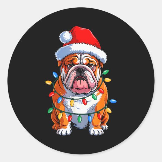 English Bulldog Dog Christmas Lights Santa Hat Xma Ronde Sticker (Voorkant)
