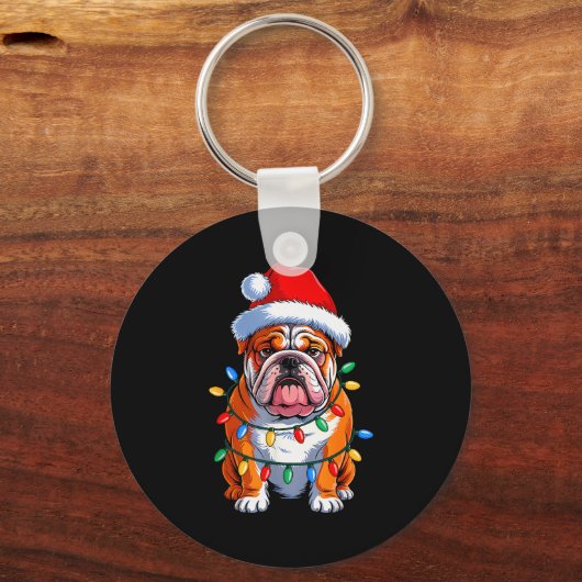 English Bulldog Dog Christmas Lights Santa Hat Xma Sleutelhanger (Voorkant)