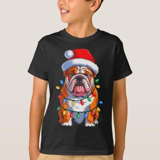English Bulldog Dog Christmas Lights Santa Hat Xma T-shirt (Voorkant)
