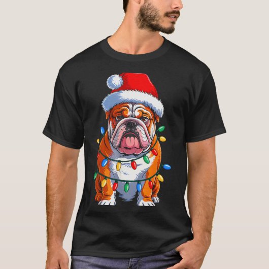 English Bulldog Dog Christmas Lights Santa Hat Xma T-shirt (Voorkant)