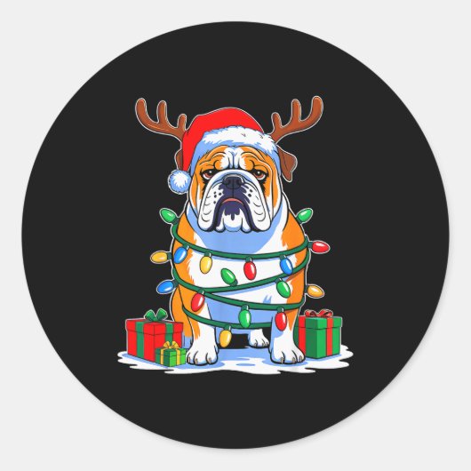English Bulldog Dog Tree Christmas Lights Funny Xm Ronde Sticker (Voorkant)