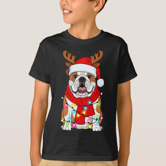 English Bulldog Dog Tree Christmas Lights Xmas Paj T-shirt (Voorkant)