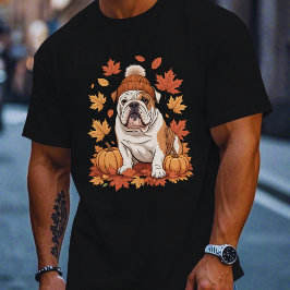 English Bulldog Fall Scarf Autumn Leaves Dog Lover T-shirt