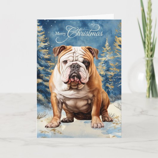 English Bulldog Pine Winter Forest Christmas Feestdagen Kaart (Voorkant)