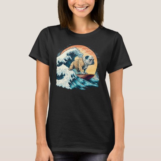 English Bulldog Surfing On the Great Wave of Kanag T-shirt (Voorkant)