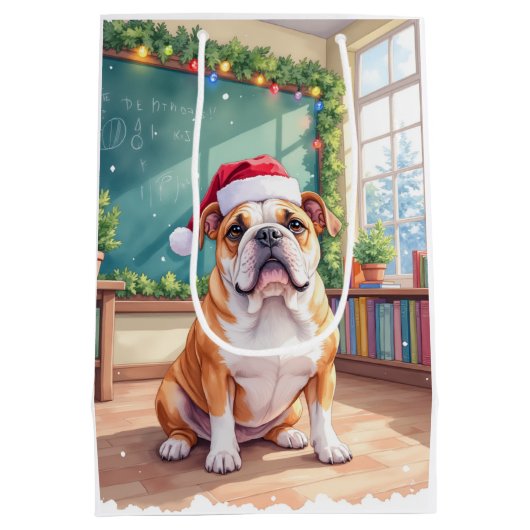 English Bulldog Teacher Classroom Santa Hat Medium Cadeauzakje (Achterkant)