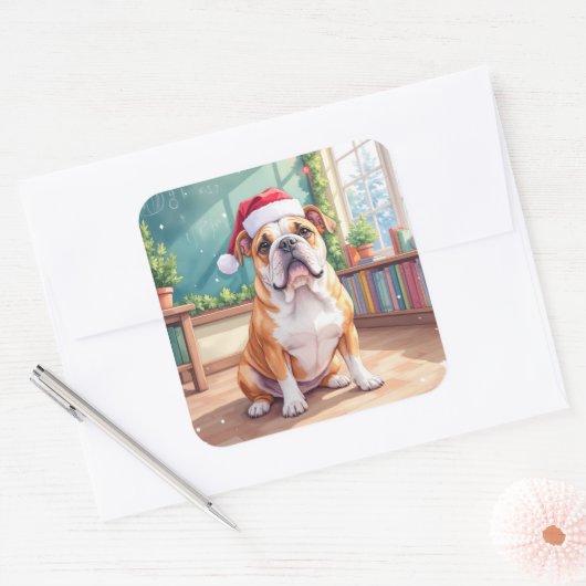 English Bulldog Teacher Classroom Santa Hat Vierkante Sticker (Envelop)