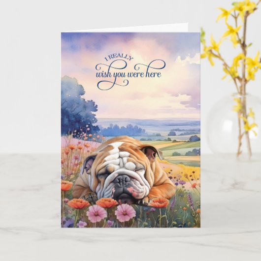 English Bulldog Wildflowers Miss You Kaart (Gele Bloem)