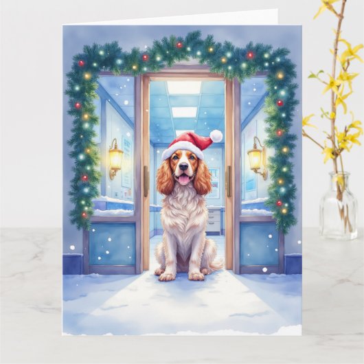 English Cocker Spaniel Nurse Station Santa Hat Kaart (Gele Bloem)