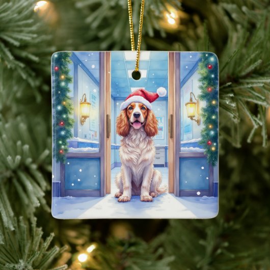 English Cocker Spaniel Nurse Station Santa Hat Keramisch Ornament (Boom)