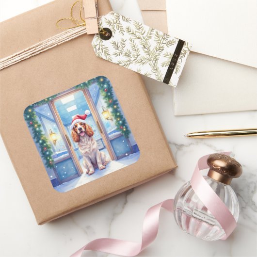 English Cocker Spaniel Nurse Station Santa Hat Vierkante Sticker (Geschenken)