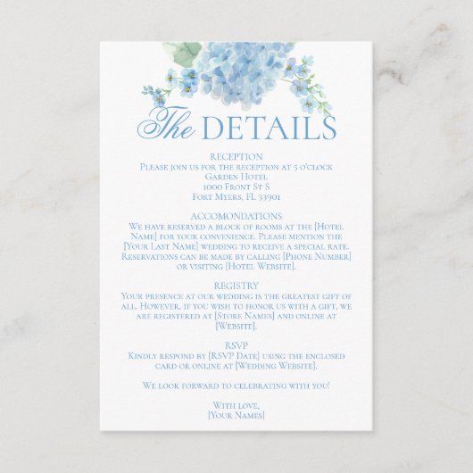 English Garden Blue Hydrangea Wedding Details Informatiekaartje (Voorkant)
