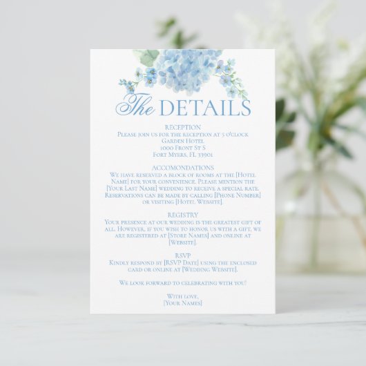 English Garden Blue Hydrangea Wedding Details Informatiekaartje (Staand voorkant)