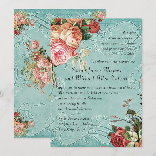 English Rose Bouquet, in Modern Swirl Leaf Kaart (Voorkant / Achterkant)