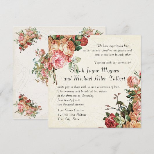 English Rose Bouquet,  in Modern Swirl Leaf Kaart (Voorkant / Achterkant)