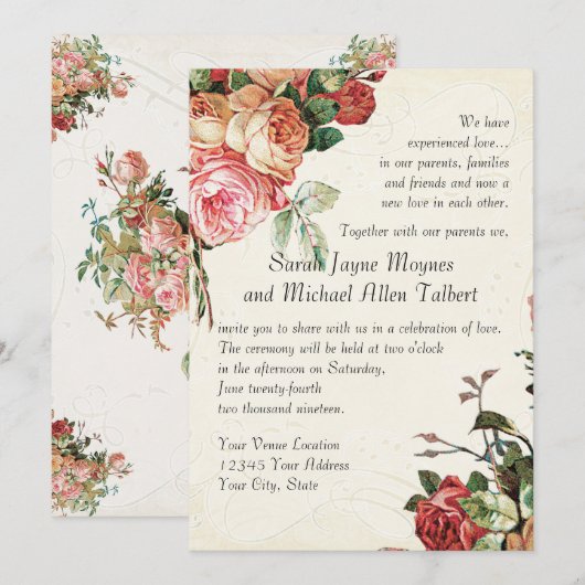 English Rose Bouquet,  in Modern Swirl Leaf Kaart (Voorkant / Achterkant)