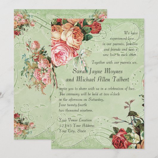 English Rose Bouquet,  in Modern Swirl Leaf Kaart (Voorkant / Achterkant)