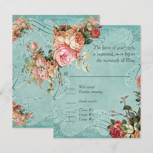 English Rose Bouquet, in Modern Swirl Leaf RSVP Kaartje (Voorkant / Achterkant)