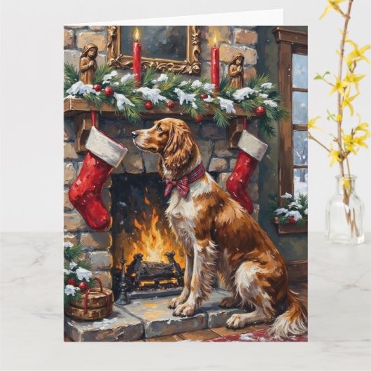 English Setter Christmas Fireplace Stocking Kaart (Gele Bloem)
