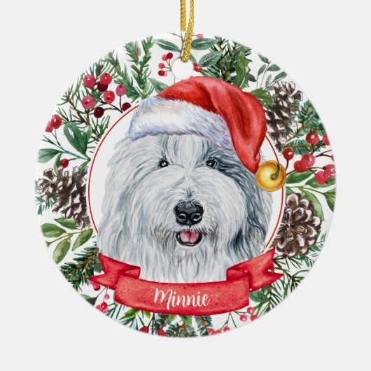 English Sheepdog Custom Santa Kerstmis Ornament (Voorkant)