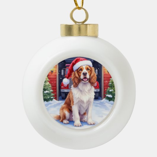 English Springer Spaniel Fire Station Santa Keramische Bal Ornament (Voorkant)