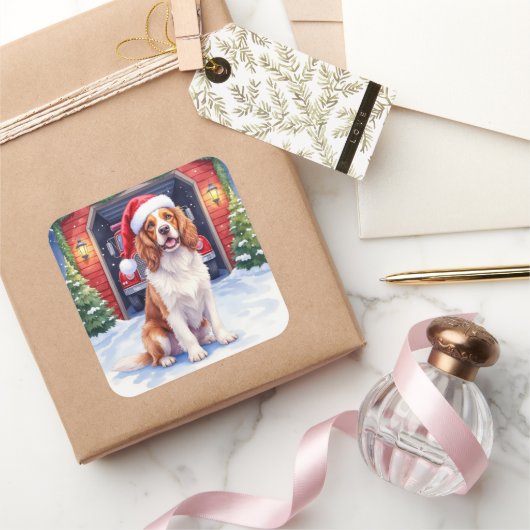 English Springer Spaniel Fire Station Santa Vierkante Sticker (Geschenken)