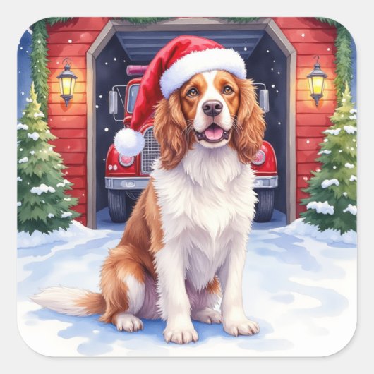 English Springer Spaniel Fire Station Santa Vierkante Sticker (Voorkant)