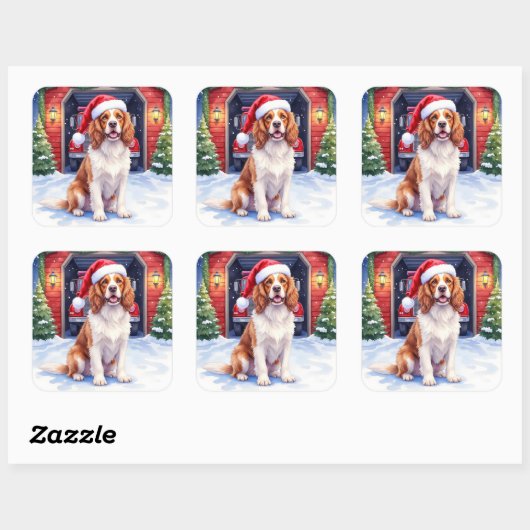 English Springer Spaniel Fire Station Santa Vierkante Sticker (Vel)